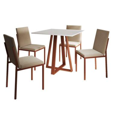 Imagem de conjunto de mesa de jantar com tampo branco e 4 cadeiras mônaco veludo bege e cobre
