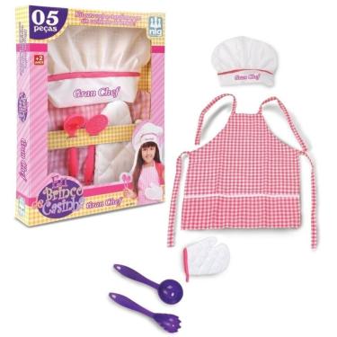 Imagem de Kit Cozinha Brinquedo Faz de Conta Gran Chef Avental Infantil + Chapéu Rosa Com Colherzinha