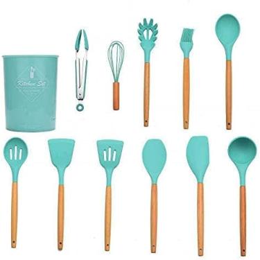 Imagem de Conjunto De Utensílios De Cozinha, 12 Peças, Conjunto De Panelas, Antiaderente, Resistente Ao Calor, Silicone, Cabo De Madeira, Utensílios De Cozinha, Conjunto De Ferramentas De Cozinha,Verde,Sens