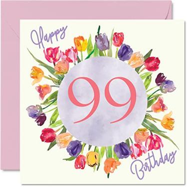 Imagem de Lindos cartões de aniversário de 99 anos para mulheres - buquê de flores de tulipas em aquarela - cartão de feliz aniversário para sua avó babá vovó , 14 x 14 cm, lindo presente de cartões de felicitações florais