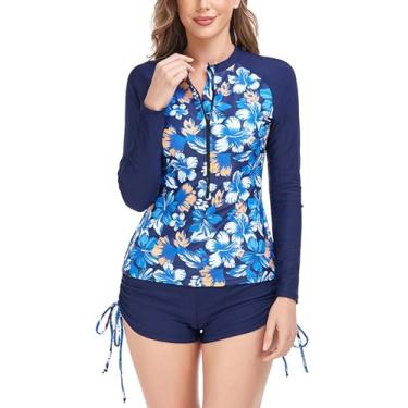 Imagem de FEOYA Conjunto de roupa de banho feminina Rash Guard de manga comprida com zíper e sutiã embutido, camisa atlética de secagem rápida, Azul, XXG