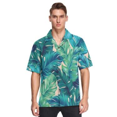 Imagem de GuoChe Camisa masculina havaiana abotoada manga curta verde turquesa folhas de plantas tropicais azul-petróleo camisetas esportivas manga corta, Folhas de plantas tropicais verde-turquesa