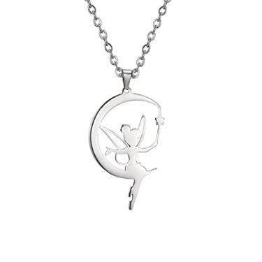 Imagem de EUEAVAN Moon Wendy Princesa Tinker Bell Pingente Colar delicado Fada Pixie Angel Segurando Varinha Mágica Gargantilha Magia Dançarina na Moda Jóias de Balé Conto de Fadas Citação Menina Mulher