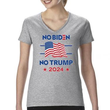 Imagem de No Biden No Trump 2024 Election Camiseta feminina gola V Presidente Democrata Republicano Voto Bandeira Americana FJB Camiseta Patriótica, Cinza, XXG