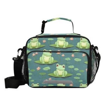 Imagem de CHIFIGNO Funny Frogs Lancheira infantil verde lótus lancheira isolada reutilizável bolsa de refeição kit com alça de ombro para meninas, meninos, camisetas, homens, mulheres, adultos