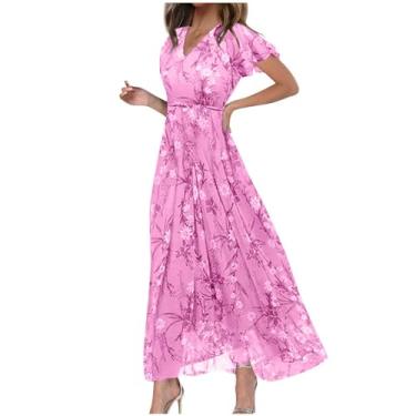 Imagem de LEKODE Vestidos de verão para mulheres, rodados, cintura elástica, manga curta, gola V, floral, vestido midi casual primavera, rosa, G