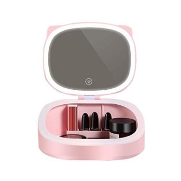 Imagem de Espelho de maquiagem Meng Pet LED com caixa de armazenamento de cosméticos Lâmpada de mesa para dormitório Luz de preenchimento de mesa duas cores 20 * 17,5 cm (cor: azul) (cor: rosa)
