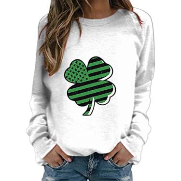 Imagem de Camisetas femininas do Dia de São Patrício de manga comprida verde Lucky Shamrock 2024 roupas modernas do dia de São Patrício, Branco, XXG