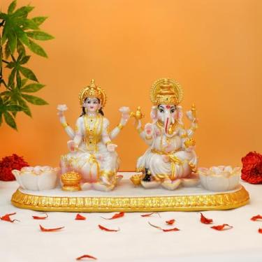 Imagem de BangBangDa Estátua de Deus Indiano Ganesha Laxmi - 13,5 cm A com acabamento em mármore Ídolo Indiano Lakshmi Ganesh Estátua com LED Diyas Diwali Presentes Diwali Decoração Home Office Puja Item Hindu