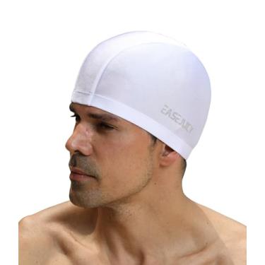 Imagem de Touca de natação de nylon de alta elasticidade para homens e mulheres, short de cabelo, confortável, respirável (branco)