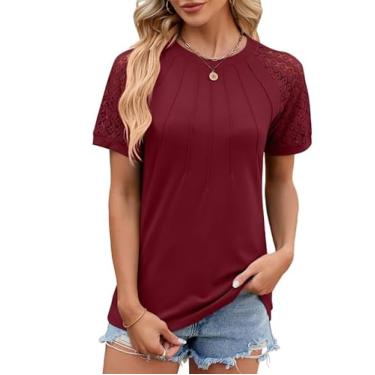 Imagem de Camisetas femininas modernas de renda manga curta blusas plissadas gola redonda camisetas túnicas elegantes tops para mulheres 2024, Vermelho vinho, M