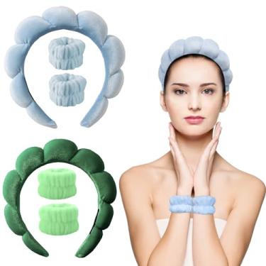 Imagem de AWODUPH Bandanas de veludo para spa: faixas para a pele com pulseiras | Antiderrapante, super absorvente e elástico para lavar o rosto | Costura requintada (azul lago e verde)