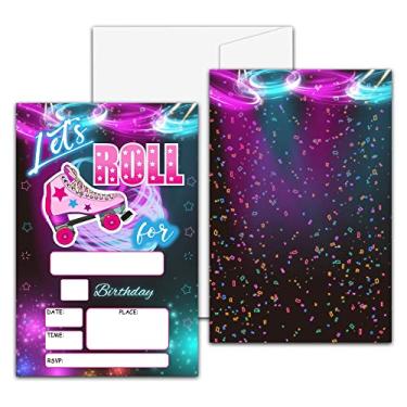 Imagem de Convite de festa de aniversário de patins, Let's Roll Neon Convites de preenchimento para adolescentes meninos e meninas, 20 convites com envelopes (10 x 15 cm), decorações e suprimentos de