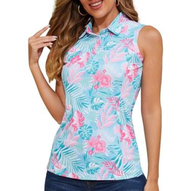 Imagem de Casei Camisetas polo femininas de golfe sem mangas FPS 50+ secagem rápida com gola regata atlética, Estampa tropical verde, P