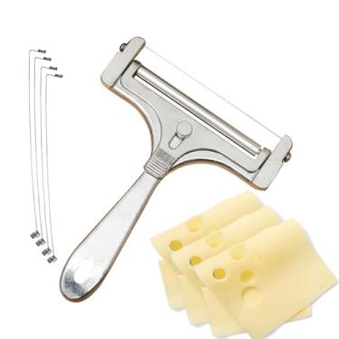 Imagem de Cortador de queijo ajustável com 4 fios extras de substituição Cortador de queijo de alumínio resistente, fácil de substituir, cortador de aço portátil para cheddar, gruyere, raclette, bloco de