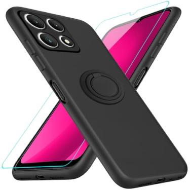 Imagem de Capa de telefone compatível com T-Mobile Revvl 7 5G com protetor de tela de vidro, suporte de anel giratório de 360°, suporte/suporte, silicone, TPU, à prova de choque, capa protetora para T-Mobile