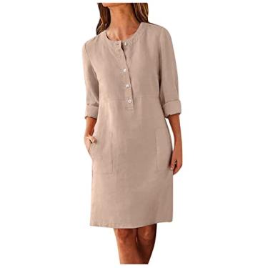 Imagem de Vestido feminino de linho com gola redonda para mulheres, manga comprida, liso, outono, verão, 2025, moda Y2K, K-859 cáqui, M