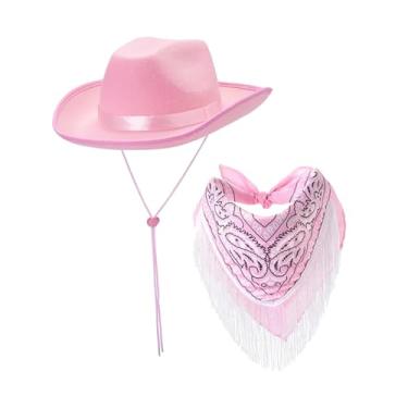 Imagem de Colaxi Chapéu de cowboy ocidental, chapéu de fantasia de aba larga, chapéu de cowgirl e bandana com franjas para festa temática, performance de palco, ROSA