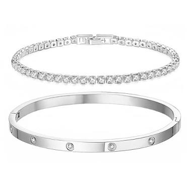 Imagem de Conjunto de pulseiras de tênis delicadas banhadas a ouro 18K de 4 mm/6 mm com pulseira clássica de tênis de zircônia cúbica de 3 mm/4 mm | Pulseiras de ouro para mulheres | Tamanho 16,5/7/7,5