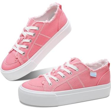 Imagem de Obtaom Tênis feminino de lona plataforma branco confortável para jogar tênis moderno casual plataforma de elevação sapatos de caminhada bonitos de cano baixo para mulheres, Rosa, branco, 35