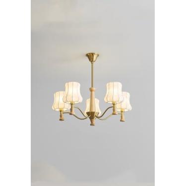 Imagem de Lustre Sputnik moderno de metal dourado vintage cilíndrico decoração de madeira luz pendente de tecido rodado meados do século luz suspensa para sala de estar