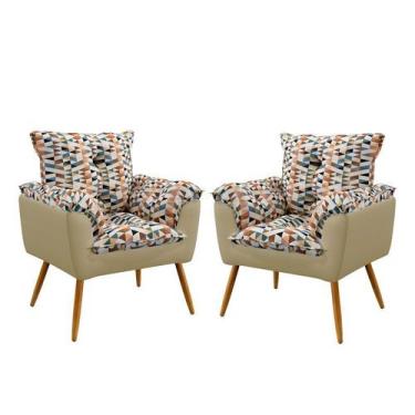 Imagem de Kit 2 Poltronas Almofadadas Opala Sued Estampado Laranja com Bege Arad