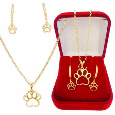 Imagem de Kit Conjunto Colar e Brinco Pet Patinha Banhado a Ouro 18k - Dinis Joi