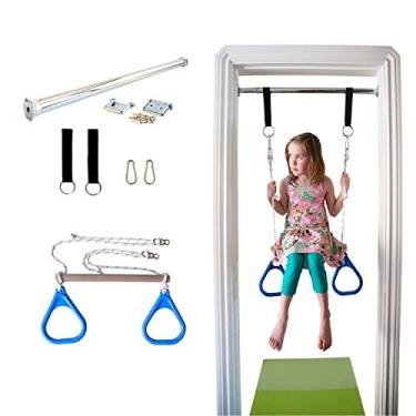 Imagem de DreamGYM Doorway Swing for Kids Indoor - Trapeze Bar and Blue Gymnastic Rings Combo