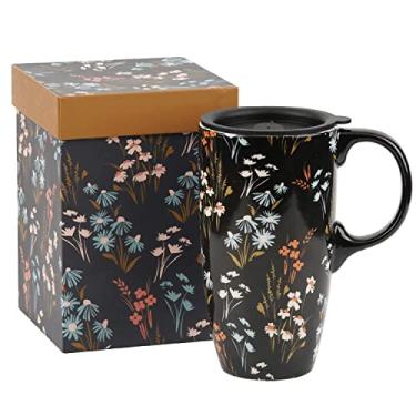 Imagem de DUSVALLY Caneca de cerâmica xícara de café grande canecas altas de viagem xícara de chá latte de porcelana com tampa e caixa de cor 500 ml, flor
