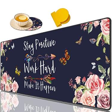 Imagem de Mouse pad grande para jogos + porta-copos de café + clipe de alça redonda, mantenha o trabalho positivo e faça acontecer tapete de mesa dobrável com borda costurada, tapete antiderrapante adequado para trabalho de escritório e casa