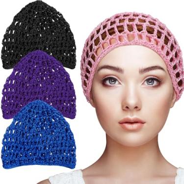 Imagem de Geyoga 4 peças malha crochê rede de cabelo raiom malha snood chapéu grosso curto feminino hairnet Snoods capa ornamento para dormir, Rosa, preto, azul, roxo, 4 Count (Pack of 1)