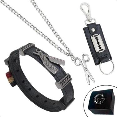 Imagem de Kit Pulseira Couro Colar Corrente e Chaveiro Barbearia Navalha Tesoura