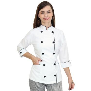 Imagem de Dolmã chef de cozinha feminina manga 3/4 com tiras para ajustar a cint