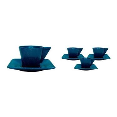Imagem de Kit 4 Xícara E Pires 50Ml Fibra Madeira Azul - Bb Store