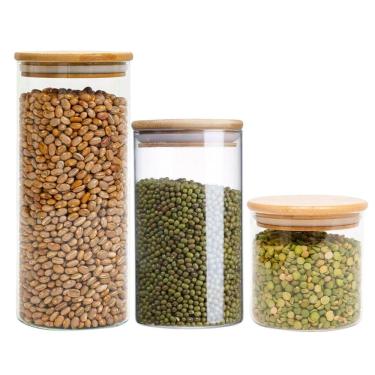 Imagem de Jogo 3 Potes Porta Mantimento Hermético Vidro Borossilicato Redondo Tampa Bambu - Lehaví