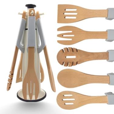 Imagem de CASASUNCO Conjunto de utensílios de cozinha de silicone com suporte giratório de armazenamento, espátulas de design de jaguar para utensílios de cozinha antiaderentes resistentes ao calor para
