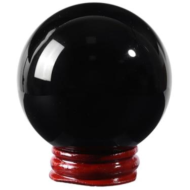 Imagem de SUNYIK Esfera de obsidiana preta natural com suporte de madeira polida para decoração de estatueta de esfera de pedra para mesa, escritório em casa, 2,1-2,3" (55-60 mm)