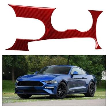 Imagem de IKUESM Compatível com Ford Mustang GT 2015-2021 Interior de fibra de carbono Painel de mudança de marcha do carro Capa de acabamento Suporte de copo Decoração Adesivo Decalque Quadro(RED)