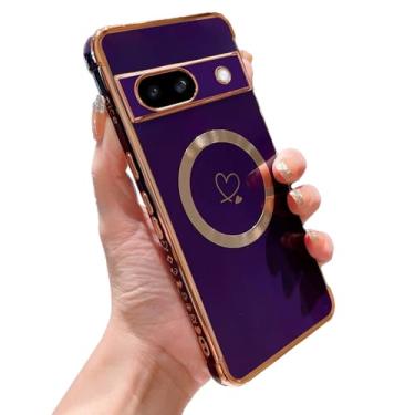 Imagem de SUYACS Capa magnética para Google Pixel 8a compatível com Magsafe Capa de telefone feminina fofa com revestimento de coração sem fio proteção contra quedas de carga macia Slim Fit galvanizado (roxo