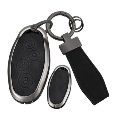 Imagem de ontto Capa para chave compatível com BYD Song Max Yuan S7 Qin 80, capa de metal e couro com chaveiro, porta-chaves de proteção total, preta