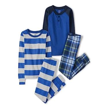 Imagem de The Children's Place Conjunto de pijama de 4 peças com blusa e calça de manga comprida para meninos, ajuste confortável, 100% algodão, azul essencial pacote com 2, Essencial, azul, pacote com 2, 8