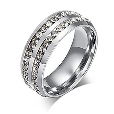 Imagem de FuZhiBang NL10 Anel de noivado masculino feminino 8 mm titânio aço inoxidável altamente polido banhado a ouro 18 K conjunto de canais zircônia cúbica CZ aliança de noivado unissex ouro ajuste