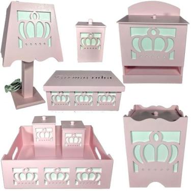 Imagem de kit higiene bebe mdf decorado 8pçs - COROA ROSA BB - Flores para Maria