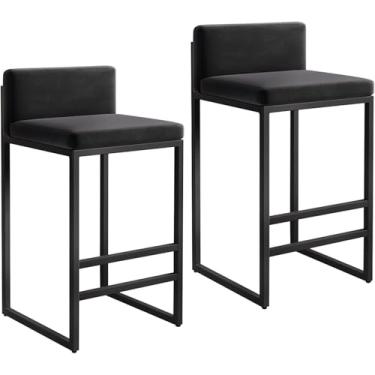 Imagem de Banquetas de veludo para café da manhã com encosto conjunto de 2 - pernas de metal preto, apoio para os pés, bancos de balcão para pub, bar, cafeteria - altura do assento 65 cm - acessório de
