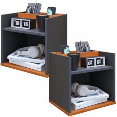 Imagem de Kit 2 Mesa de Cabeceira Madri Quarto Mesinha Apoio Lateral Cama Box Casal Estilo Decoração Retrô 1 Prateleira - Cinza