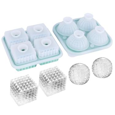 Imagem de Hamjudewy Conjunto de bandeja de gelo de silicone de 2 peças, cubo de gelo de diamante e bola de gelo de cristal para uísque, bourbon, uísque, coquetéis | reutilizável, antiaderente, à prova de