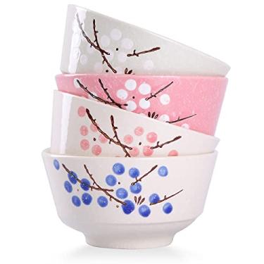 Imagem de VanEnjoy Conjunto de 4 tigelas de arroz de cerâmica estilo japonês, conjunto de tigelas com 4 cores sortidas de flores de cerejeira entre flocos de neve