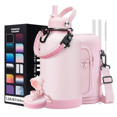 Imagem de Garrafa de água de 1,8 litro com canudo - tampa dobrável (fria 48H e quente 24H) Frasco de garrafa de água isolado de 1,8 l com alça de manga, alça de paracord, bota de garrafa, jarro de água de metal