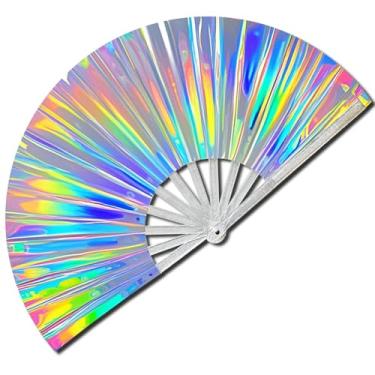 Imagem de dmjuncong Grande ventilador dobrável de rave, ventilador portátil Clack, ventilador holográfico de cores a laser, para festivais, roupas de arco-íris, festa discoteca, decoração de casa, burlesco e
