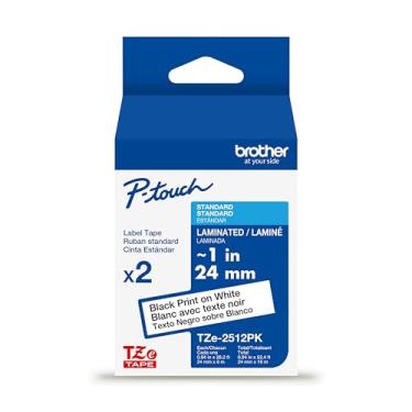 Imagem de Brother Genuíno P-Touch TZe pacote com 2 fitas pretas impressas em etiquetas brancas (TZe2512PK), laminadas, 24 mm x 8 m cada, para etiquetadoras P-Touch selecionadas, duráveis, resistentes à água